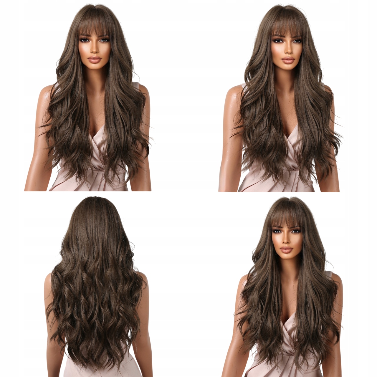 Peruka brązowa długie włosy z grzywką falowane peruki damskie Jak naturalna