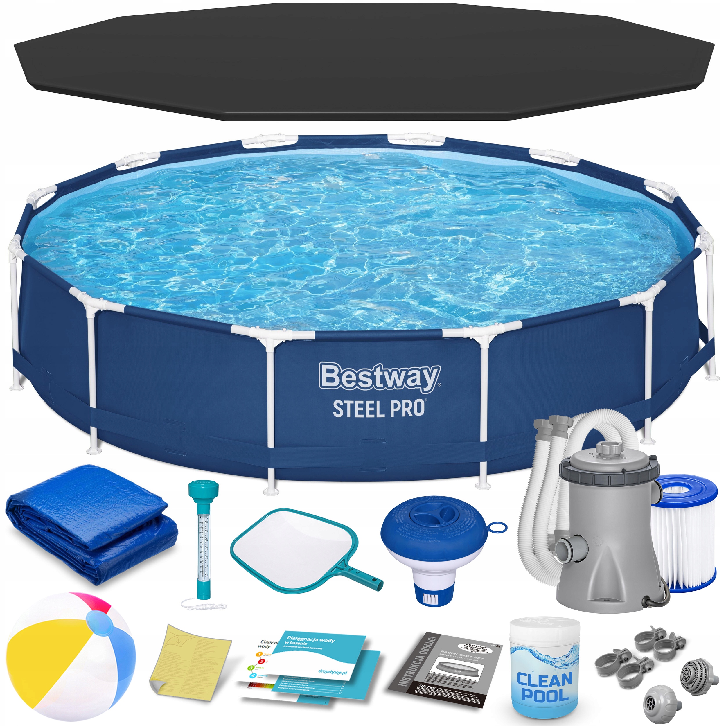 Basen Stelażowy Ogrodowy Okrągły Pompa 366x76cm Bestway Zestaw 16w1