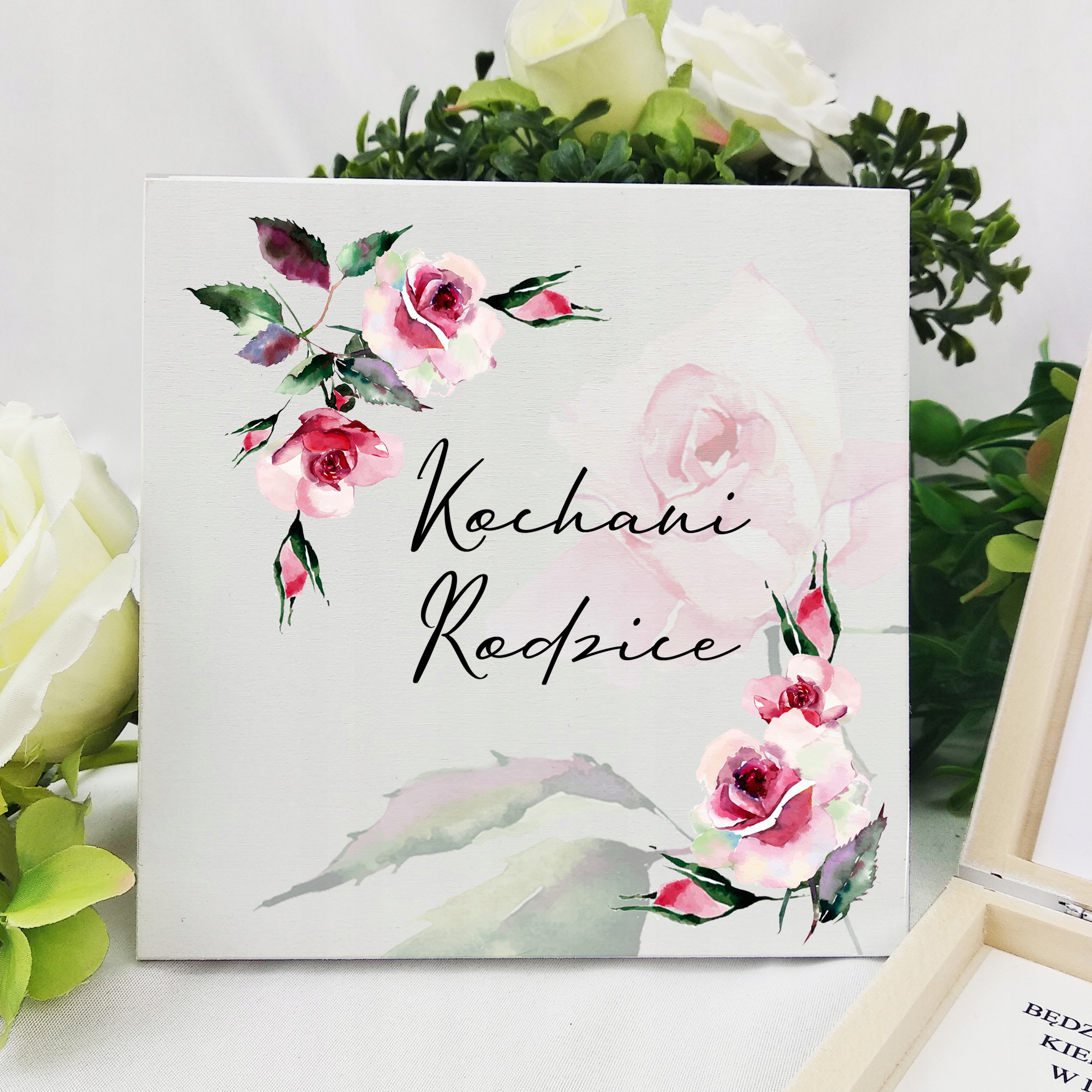 PUDEŁKO DREWNIANE ZAPROSZENIE DLA RODZICÓW NA ŚLUB WESELE AKWARELA Wysokość produktu 14.5 cm