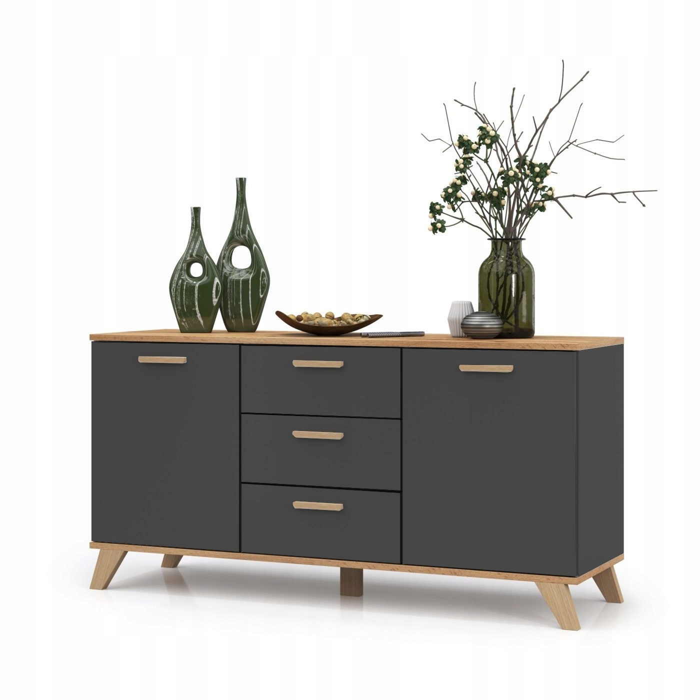 KOMODA 150cm SCANDI GRAFIT DĄB WOTAN 3 SZUFLADY 2 DRZWI DUŻA SZAFKA SALON