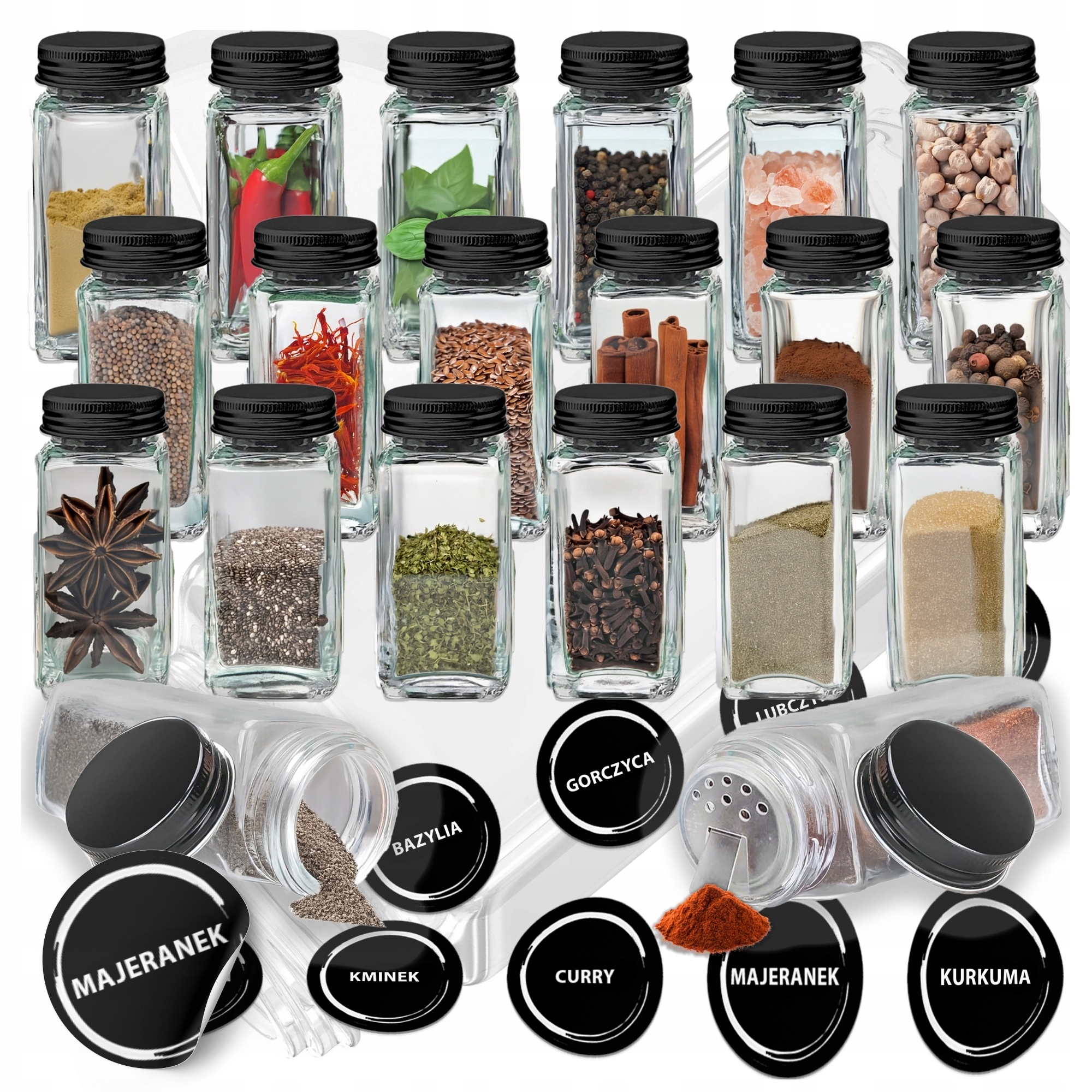 Słoiczki Słoiki Pojemniki Na Przyprawy 24SZT Przyprawnik Organizer Naklejki