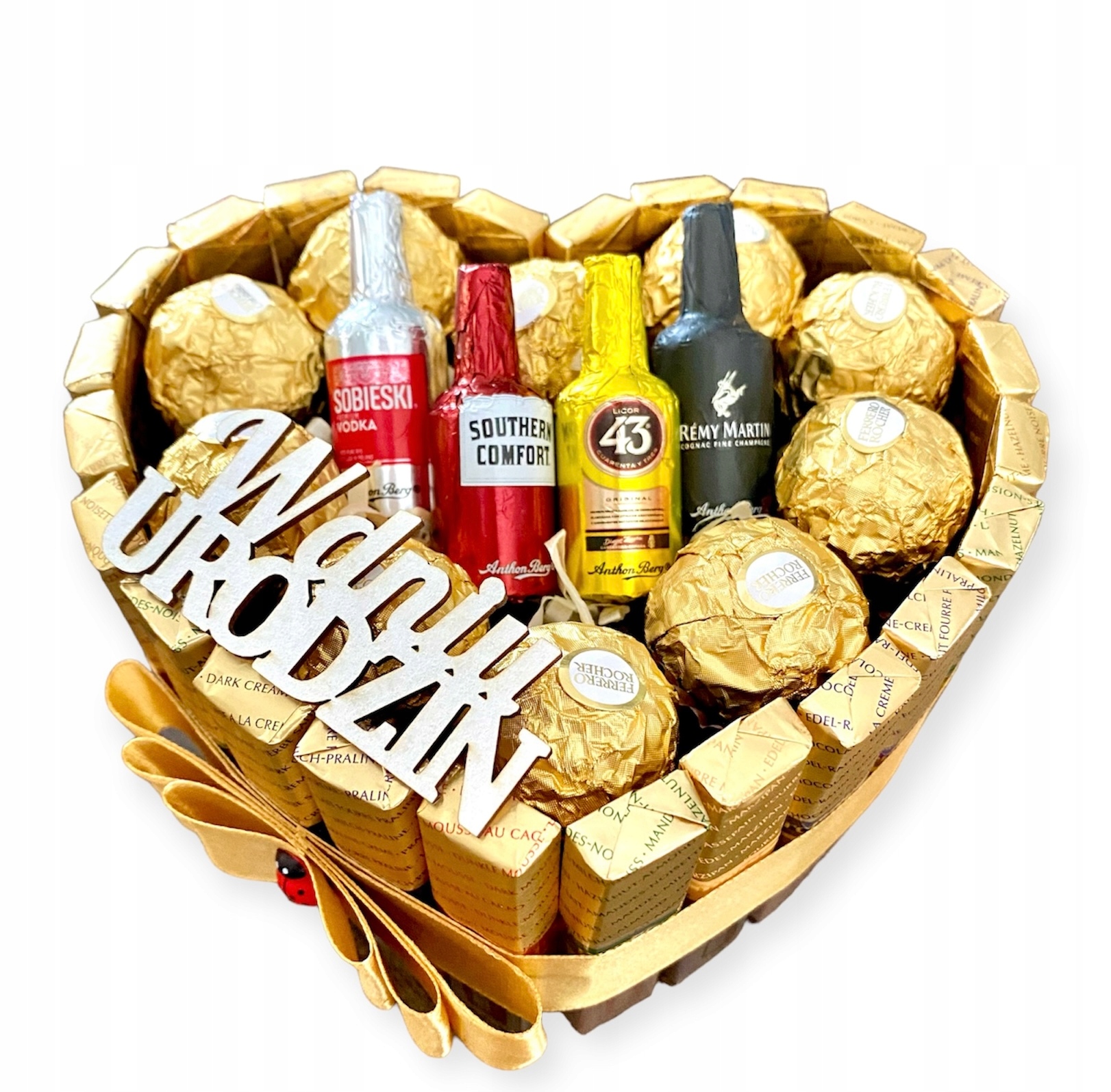 Tort Serce mini z czekoladek Merci i Ferrero na każdą okazję +napis