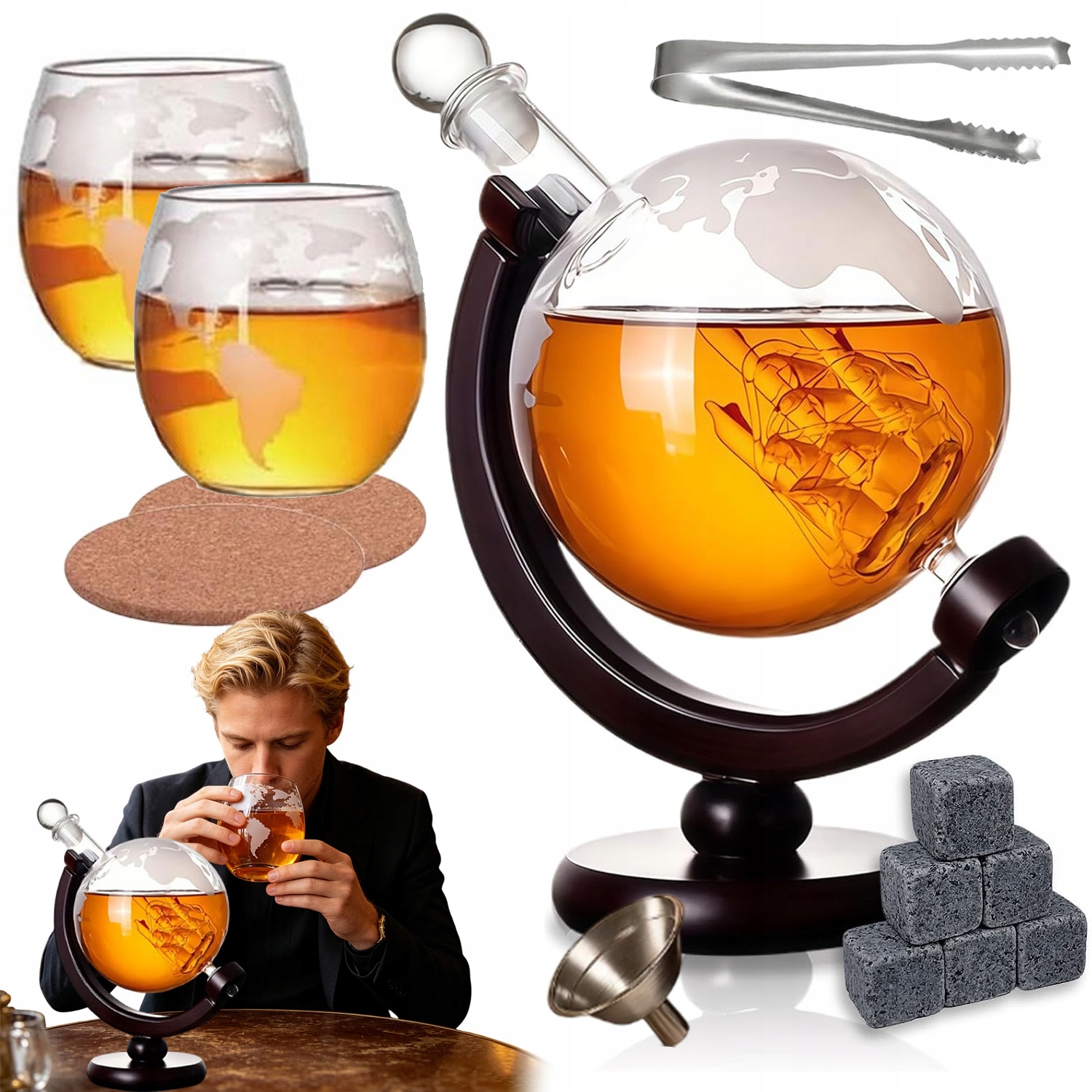 0,85 L Karafa Globe Na Whisky S 2 Sklenice Dárek Sada Pro Muže