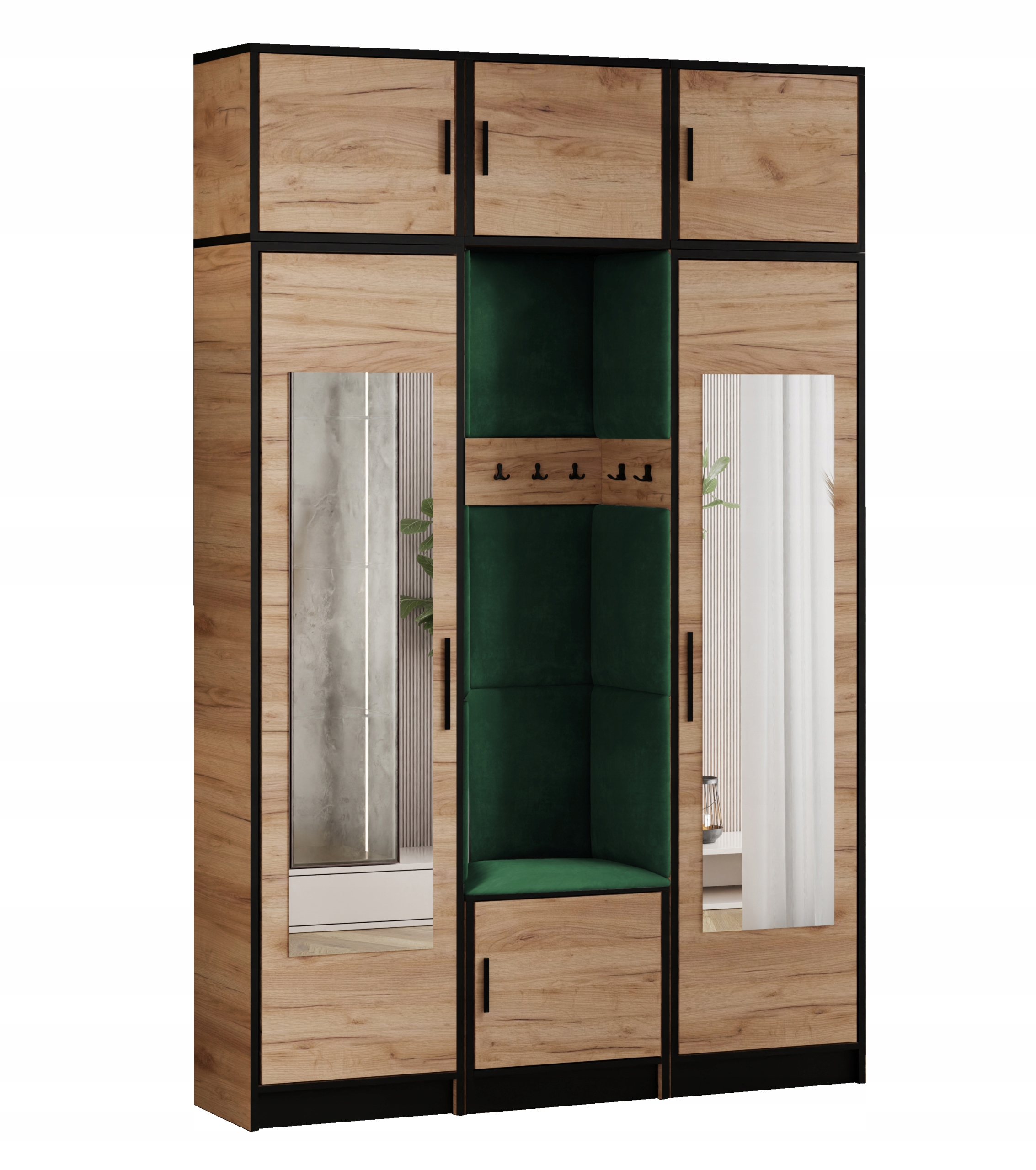 Šatní skříň Dior 12 dub craft zlatý zelená tkanina zrcadlo s nástavcem