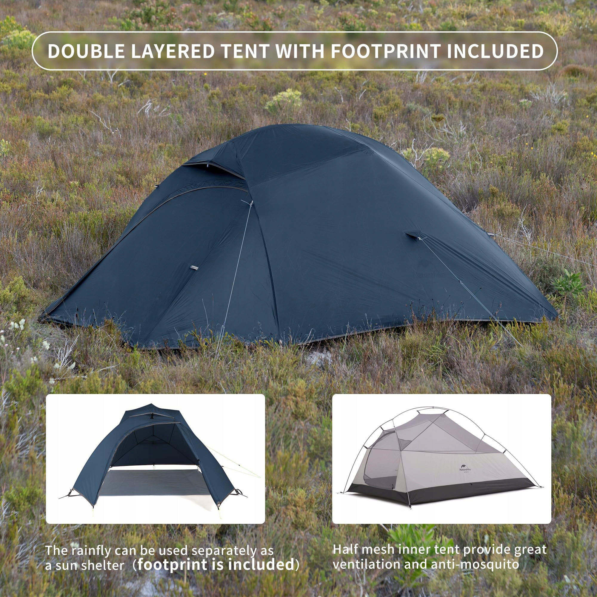 NATUREHIKE Cloud-Up 3 Namiot Ultralekki 3 Osobowy Trekkingowy 20D Niebieski — miniatura 6