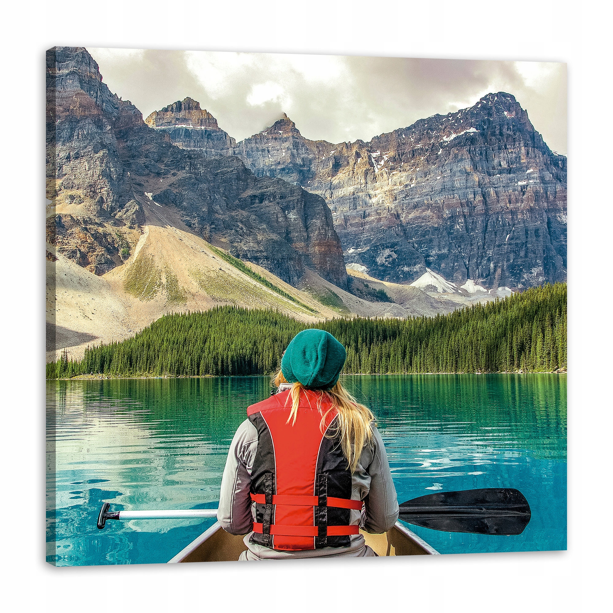 Obraz na plátně Dívka v kajaku Hory Jezera Příroda 80x80 cm