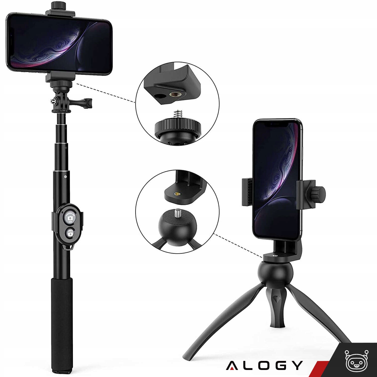 UCHWYT ADAPTER NA TELEFON DO STATYWU SELFIE STICK 1/4 OBROTOWY 360 CZARNY Rodzaj statyw