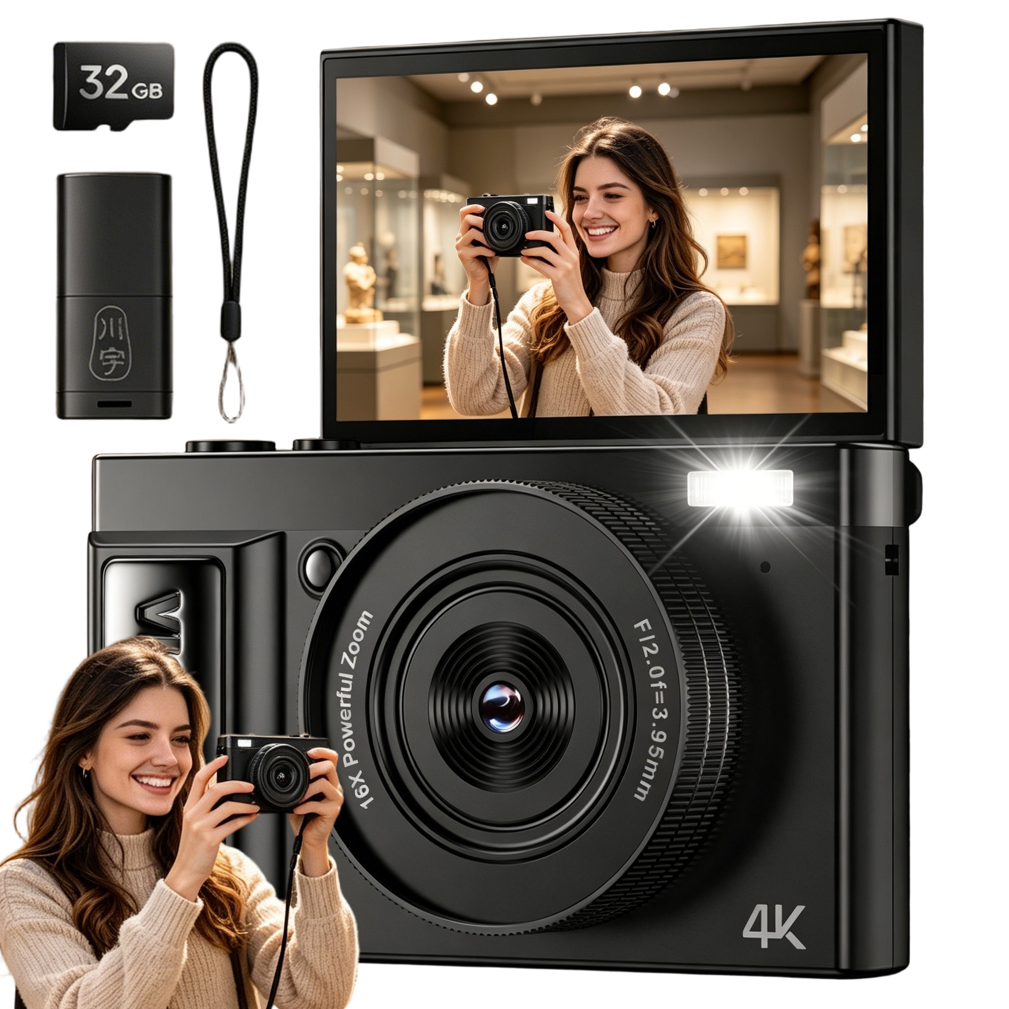 Digitální Fotoaparát 4K 64MP 16X Zoom Pro Děti S Otočným Displejem O 180°