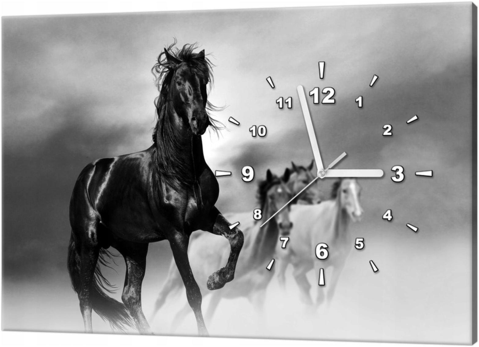 

obraz zegar 60x40 czarny koń mustang do pokoju