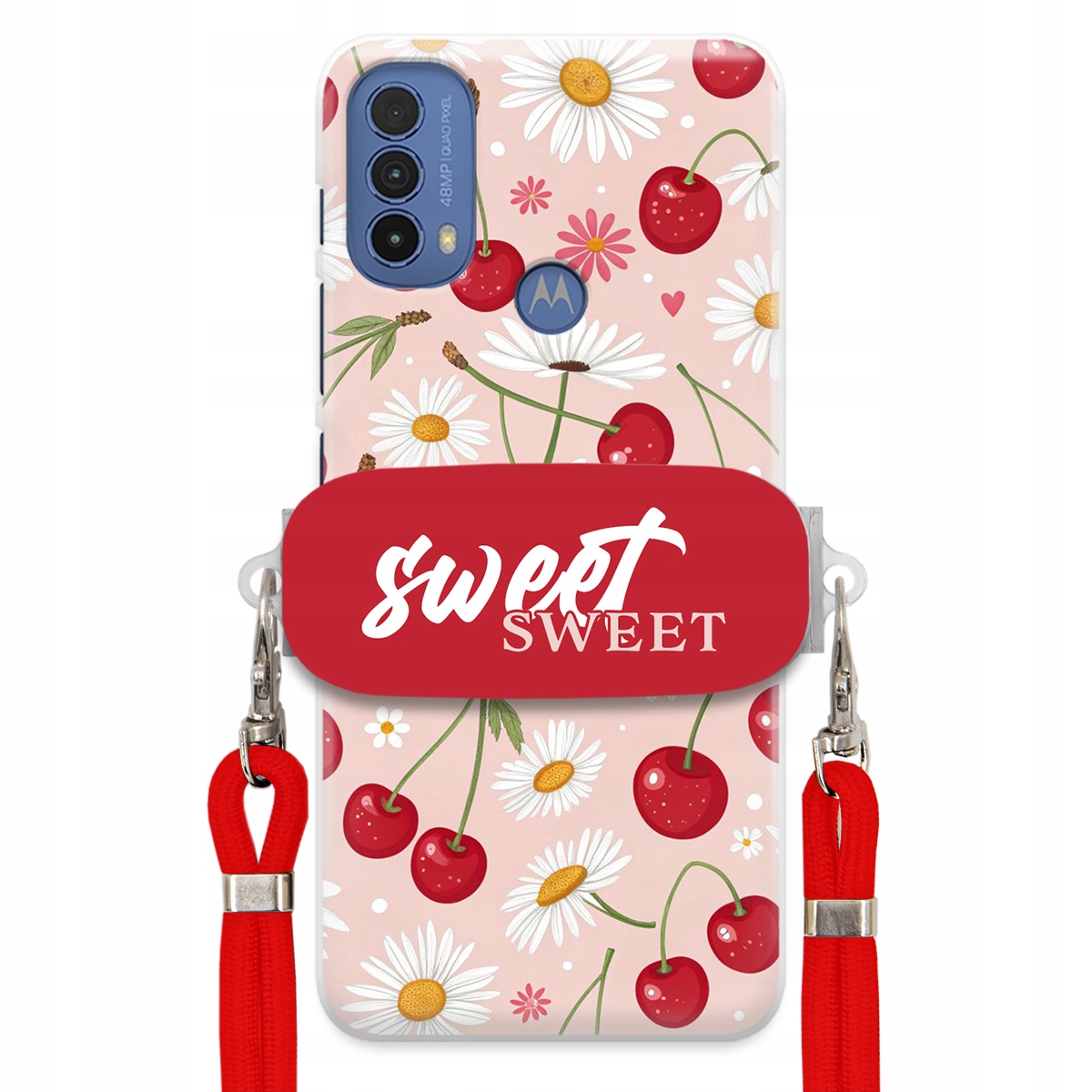 Puzdro pre Motorola E30 Červené vodítko Crossbody držiak Sweet Kvet čerešne