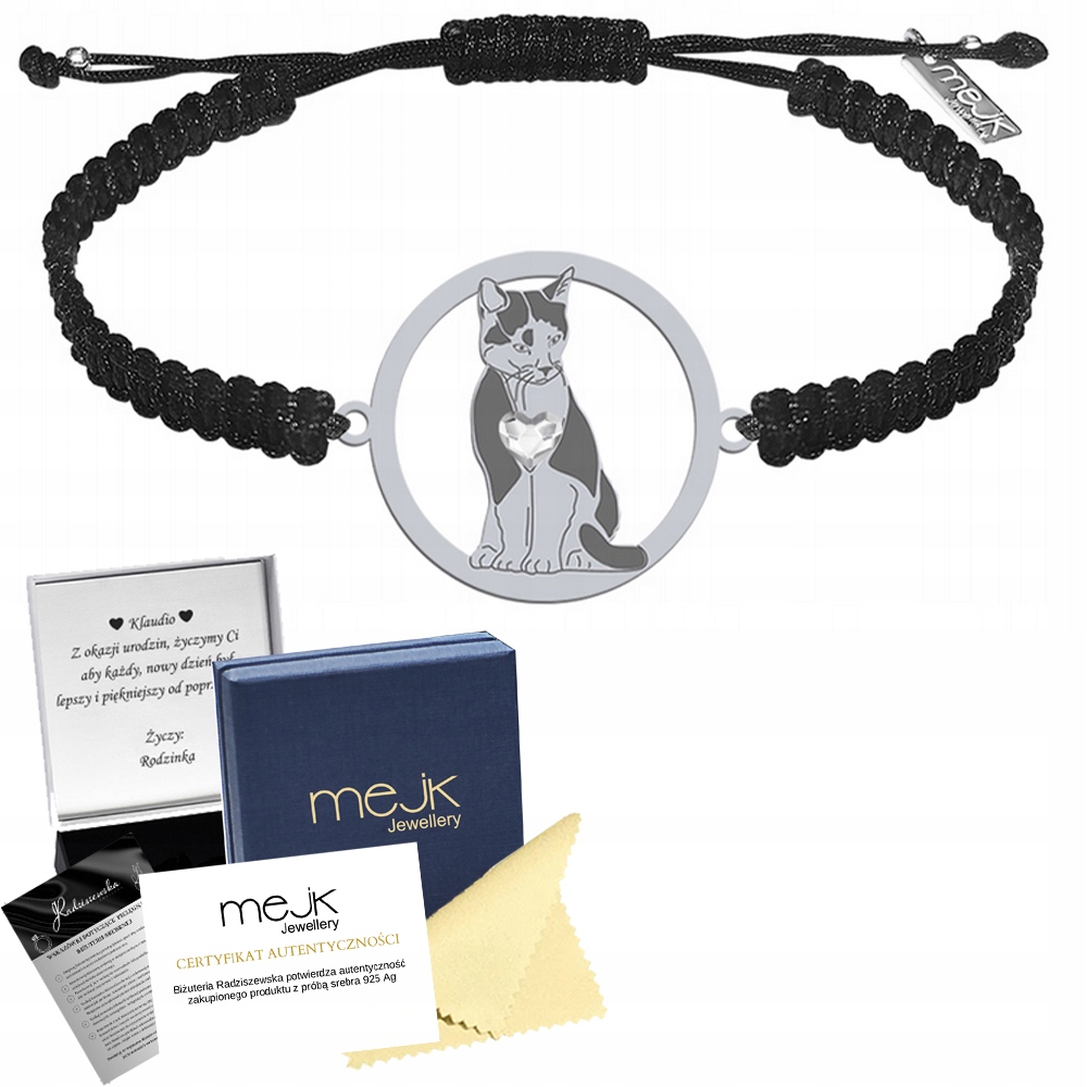 Stříbrný náramek Domácí kočka Tuxedo 925 Šperky Makramé Dárek Gravírování
