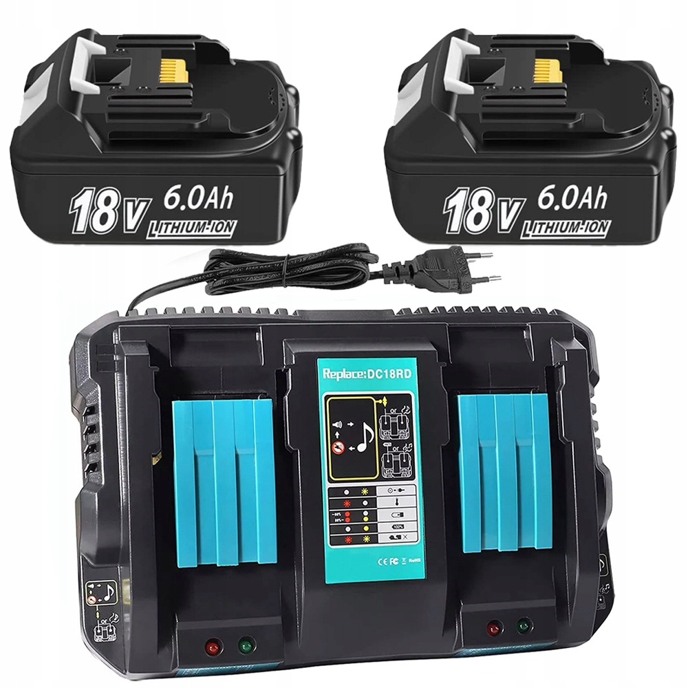 2x Akumulátor Li-ion 18V 6,0Ah Do BL1860B Rychlonabíječka DC18RD