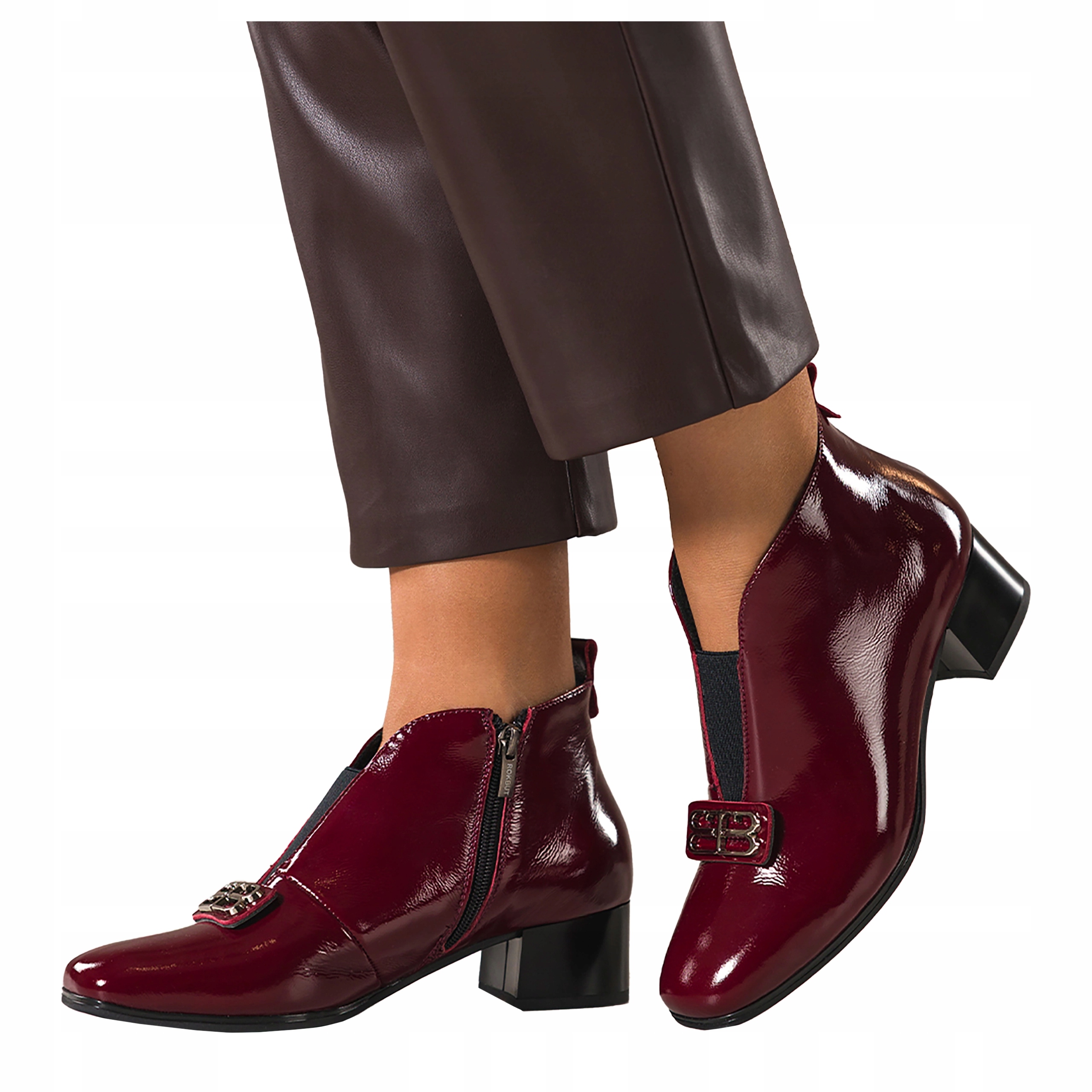 Kotníkové Boty Bordové Kožené Dámské Lakované Pohodlné Podpatky Klocek Ozdoba r 36