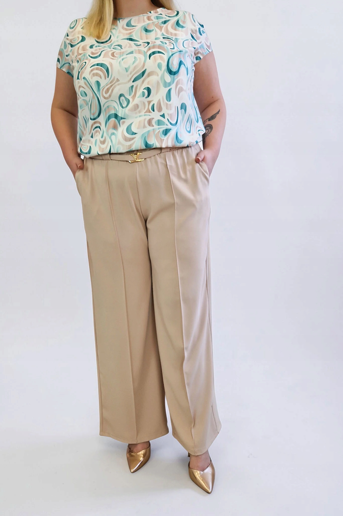 Elegantní dámské kalhoty s širokou nohavicí v barvě Kant Béžová 42