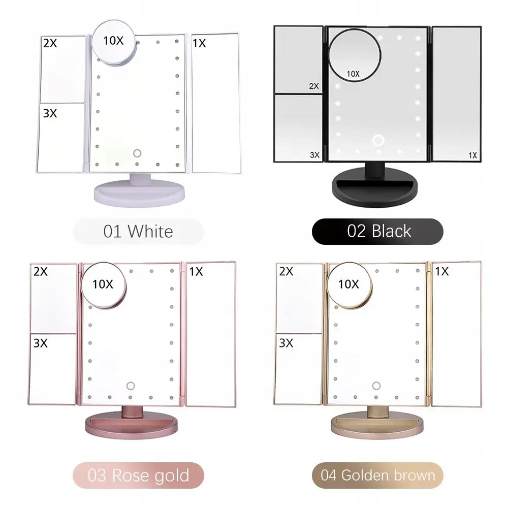 Foldable Makeup Mirror With LED Light 3 Folding 1X 2X 3X Desktop Vanity Mir Rodzaj stojące