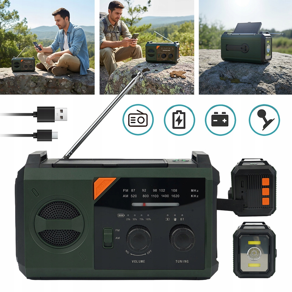 Powerbank Awaryjny Bluetooth 5.3 20000MAH Z Radiem Solarnym I Latarką