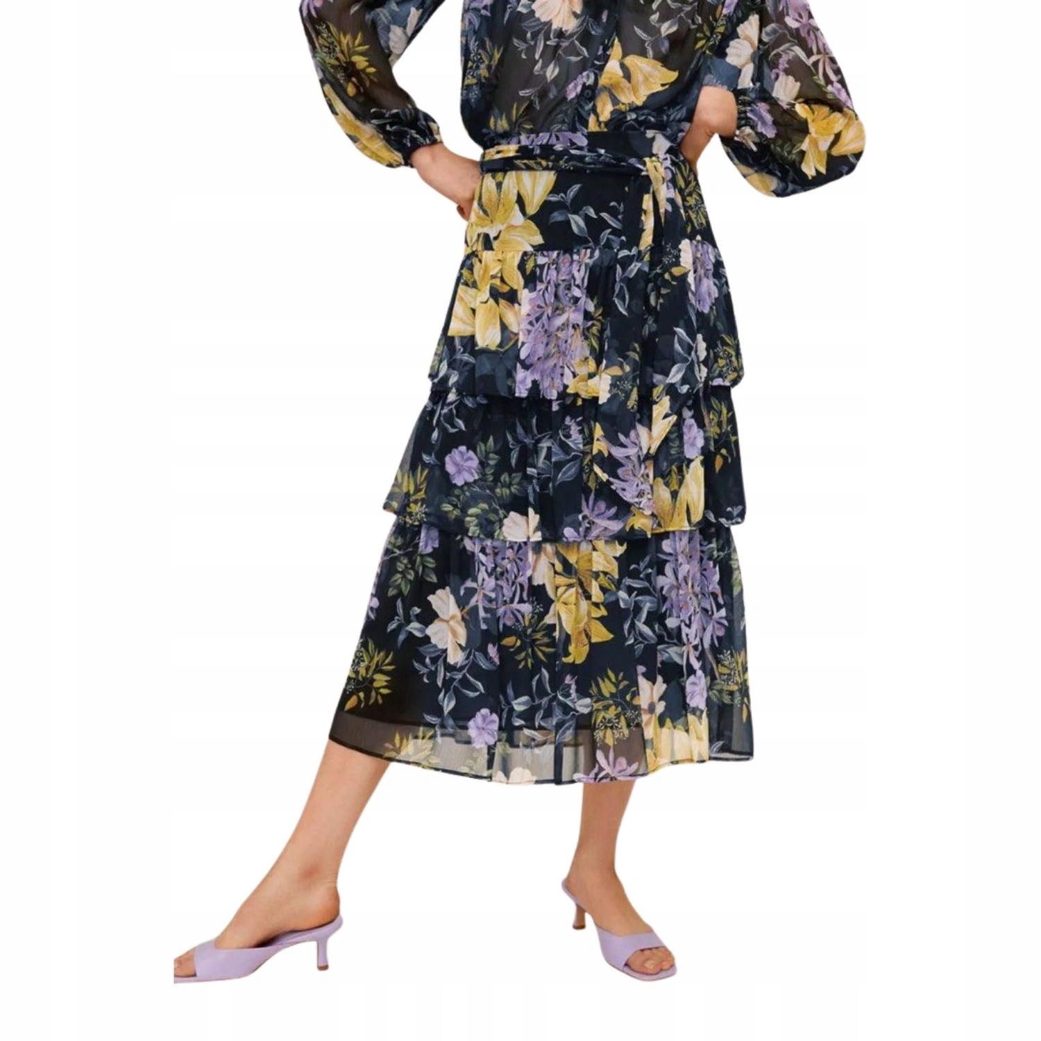 Sukně Mango Floral za koleno, černá, s volánky, vel. S