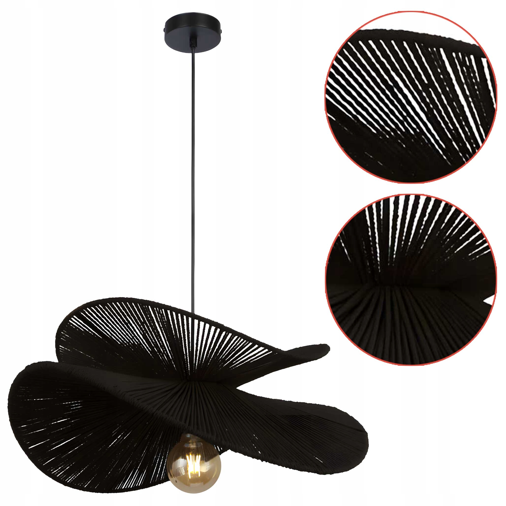 Lampa Sufitowa Wisząca Boho 60 cm Czarna Ażurowa Pleciona Falowana