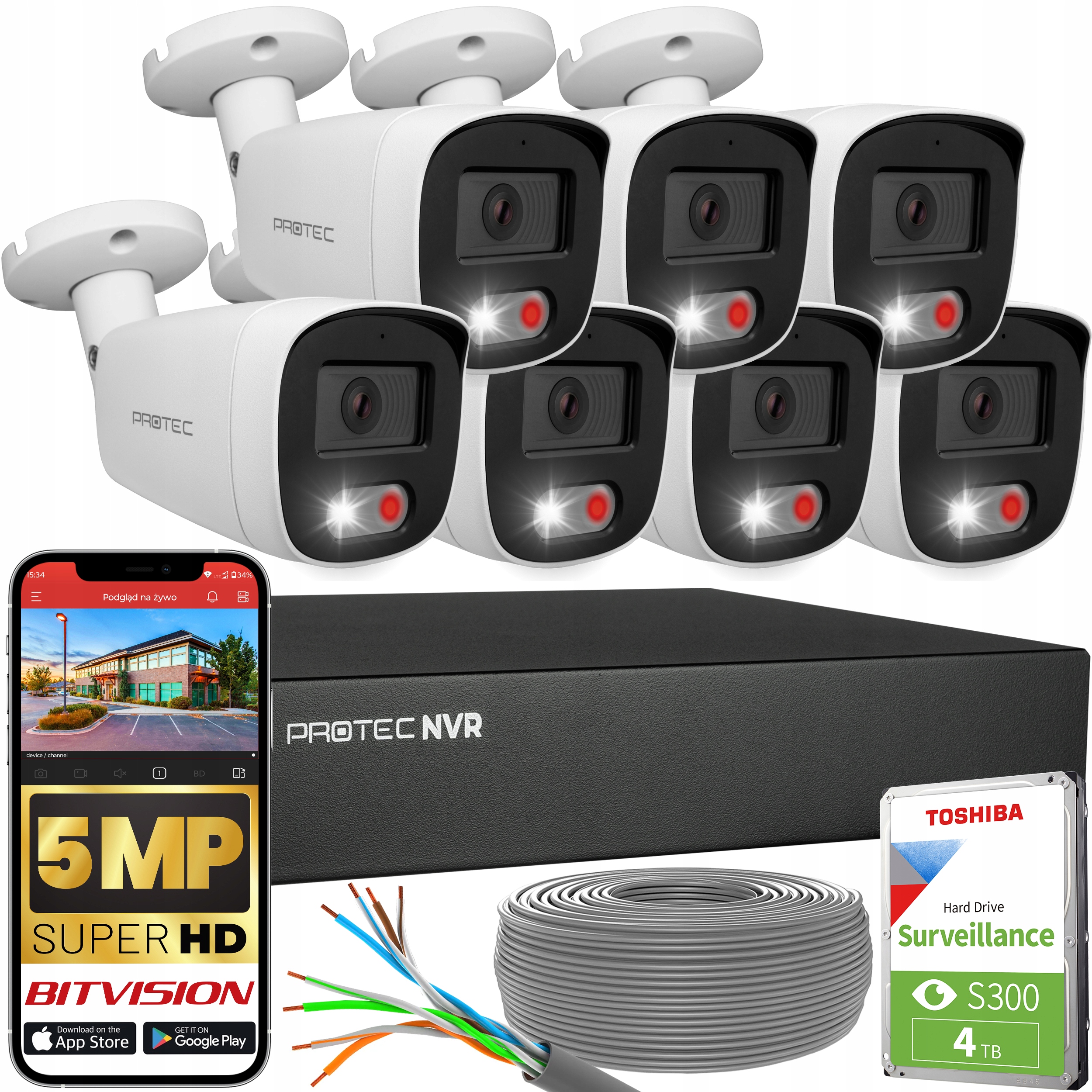 Sada pro monitorování 7 Ip kamer PoE Full color detekce lidí 5Mpx Hdd 4TB