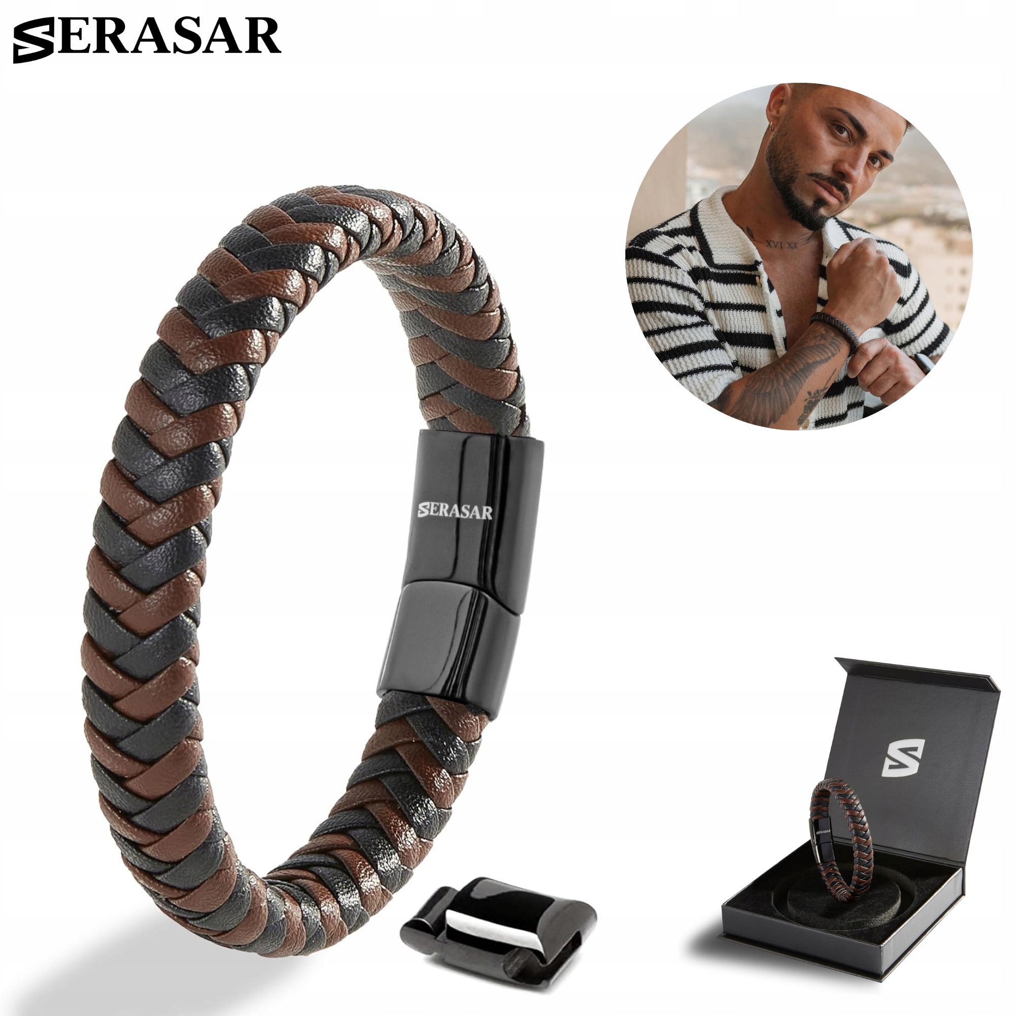 Serasar Kožený náramek pro muže [Steady] Hnědý, 17 cm