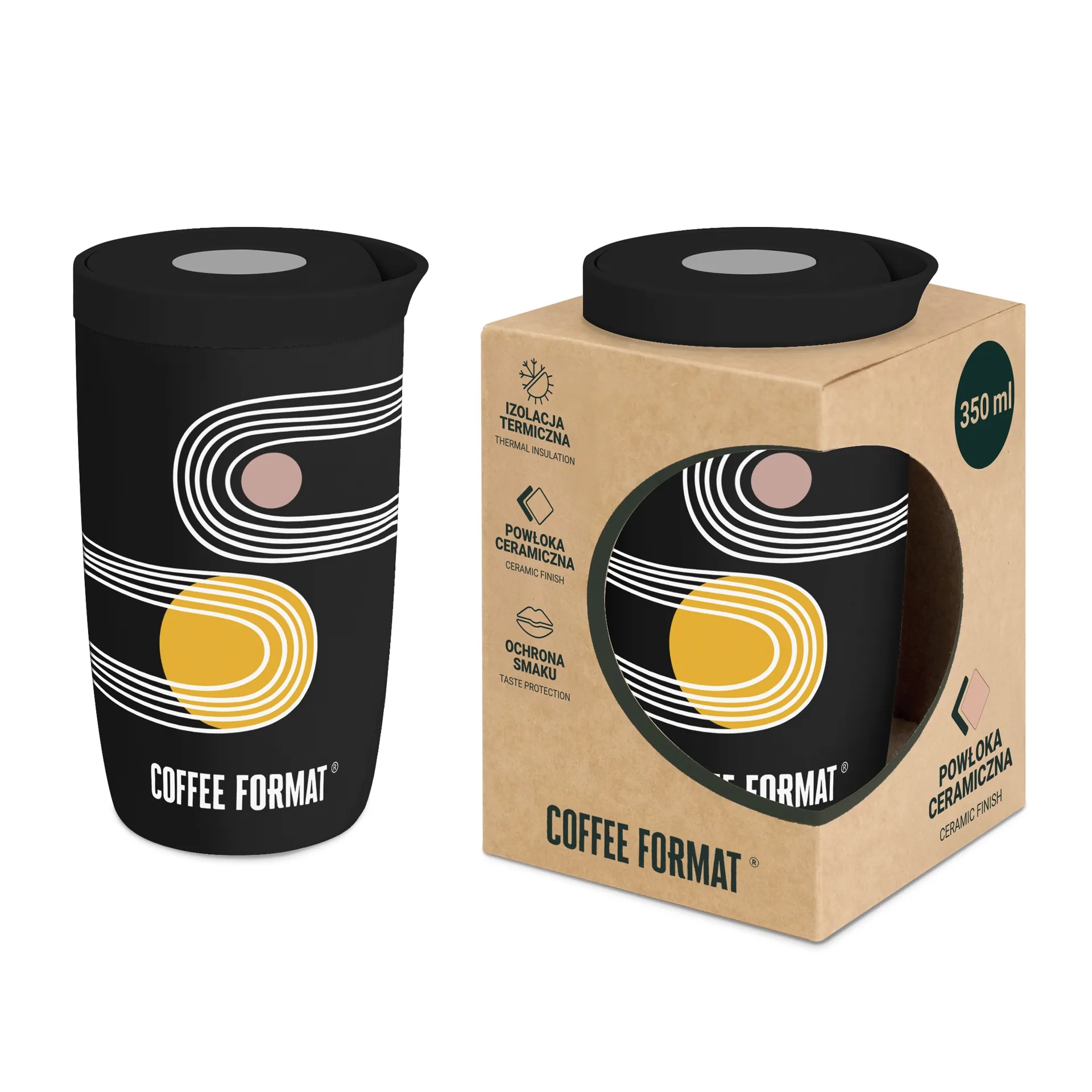 Czarny kubek termiczny Coffee Format 350ml Nadruk i ceramiczne wnętrze