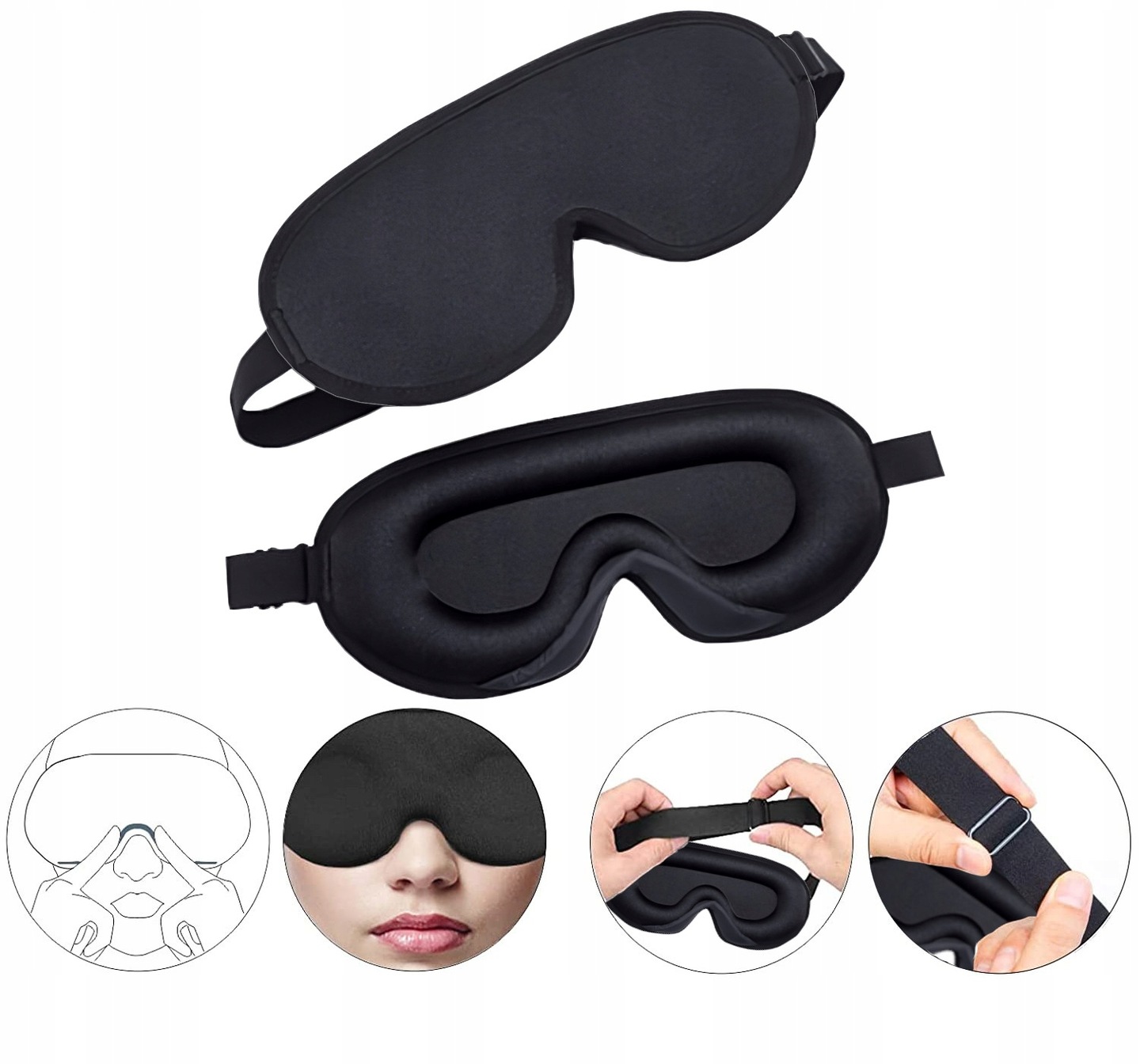 OPASKA NA OCZY DO SPANIA 3D MASKA ZACIEMNIAJĄCA REGULOWANA JAKOŚĆ PREMIUM Kolor dodatkowy czarny