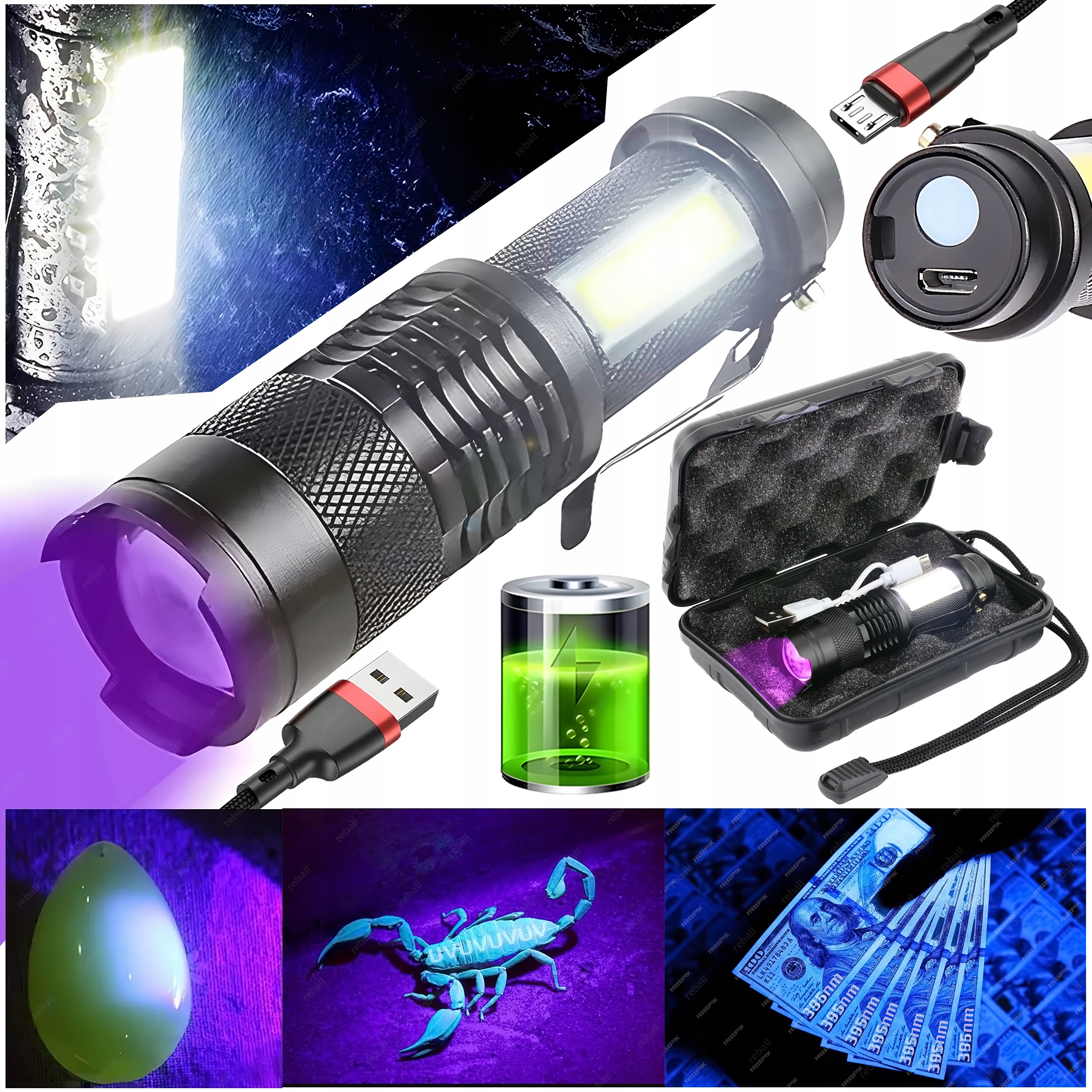 Latarka Led Uv 5W 395nm+COB Wbudowany Akumulator Usb 2w1 RT0328 Zestaw Etui