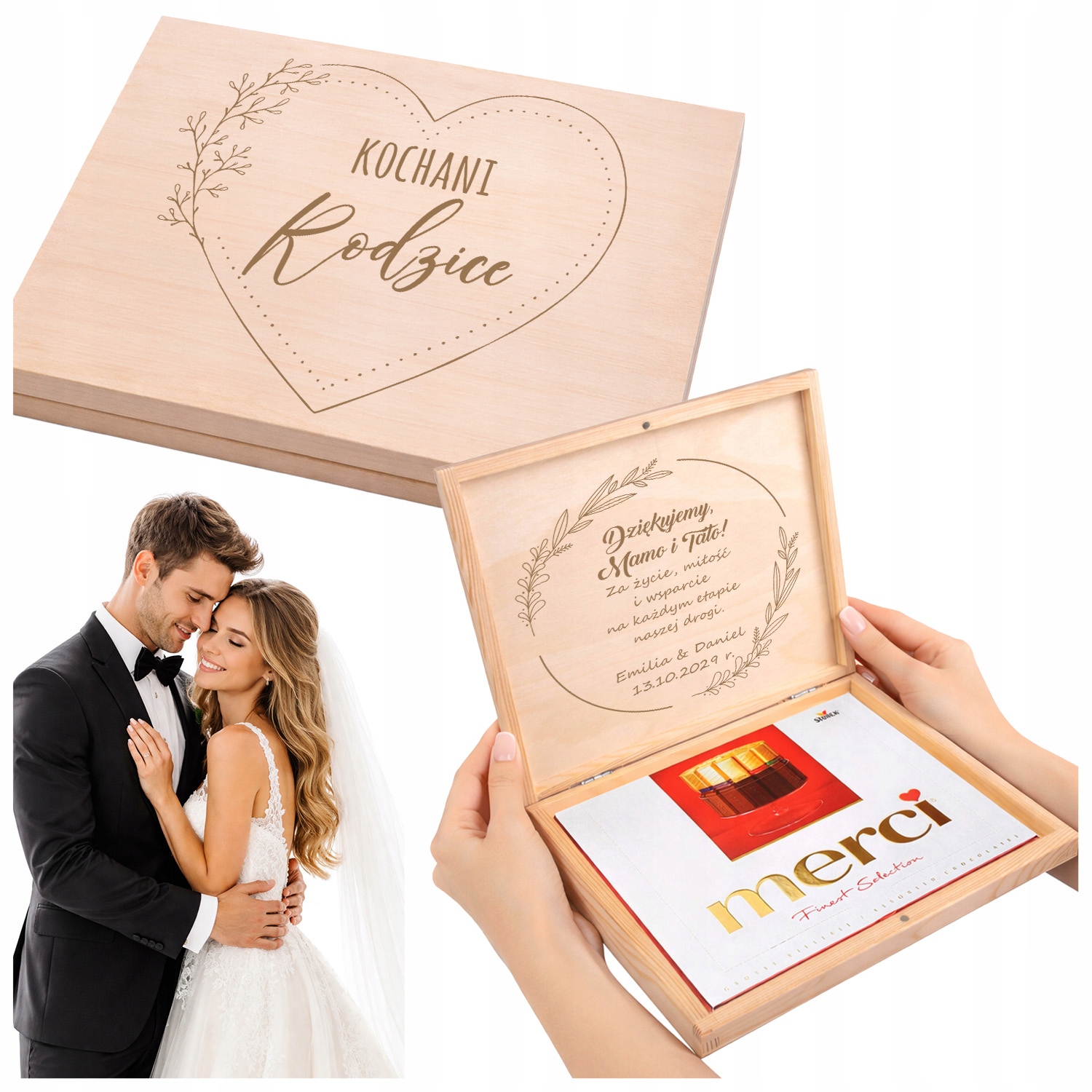 PODZIĘKOWANIE dla RODZICÓW ŚLUB WESELE Drewniana SZKATUŁKA MERCI prezent