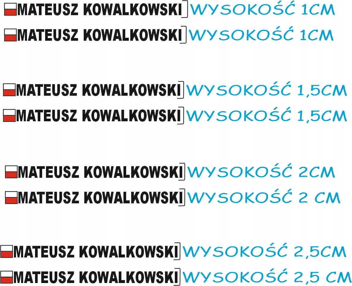 NAKLEJKA NA ROWER FLAGA NAZWISKO IMIE RÓŻNE KOLORY Długość 50 mm