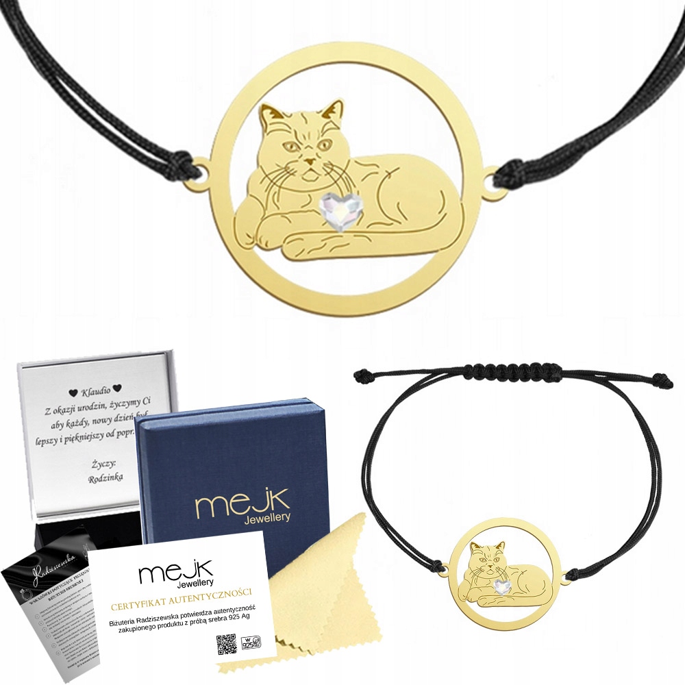 Zlatý náramek s British Shorthair Cat 925 Dárek Šperky Gravírování