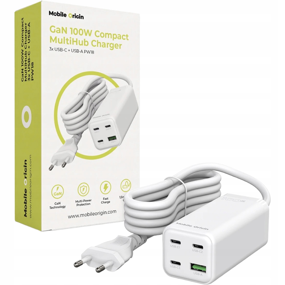 Ładowarka sieciowa 100W GaN biurkowa, kabel zasilający Mobile Origin, Usb-c