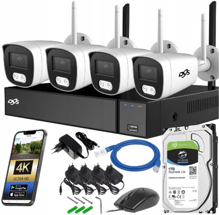 ZESTAW BEZPRZEWODOWY DO MONITORINGU 4 KAMERY WIFI ZEWNĘTRZNE 8Mpx 1TB DVS