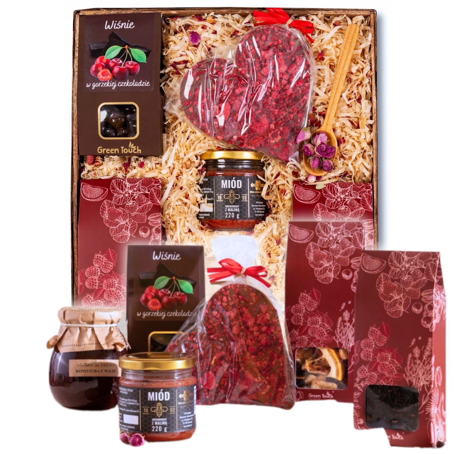 Levně Dárkový Koš Čajový Set Čokoláda Srdce Malinový Med K Narozeninám