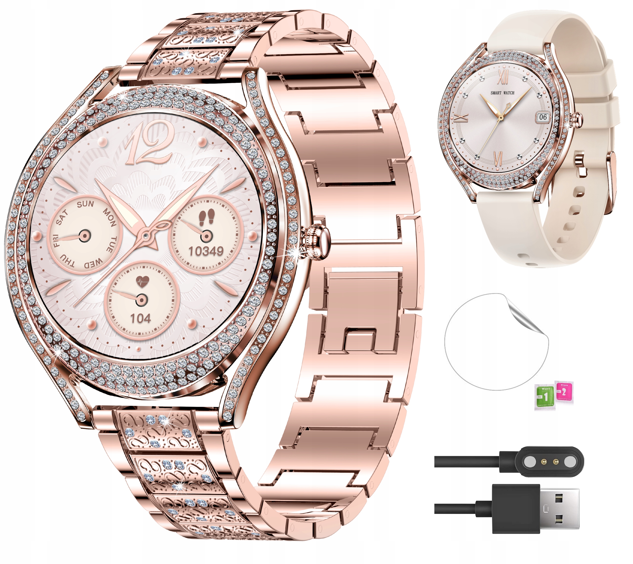 Smartwatch Damski Zegarek Modny złoty Rozmowy Sport 2 paski Pl