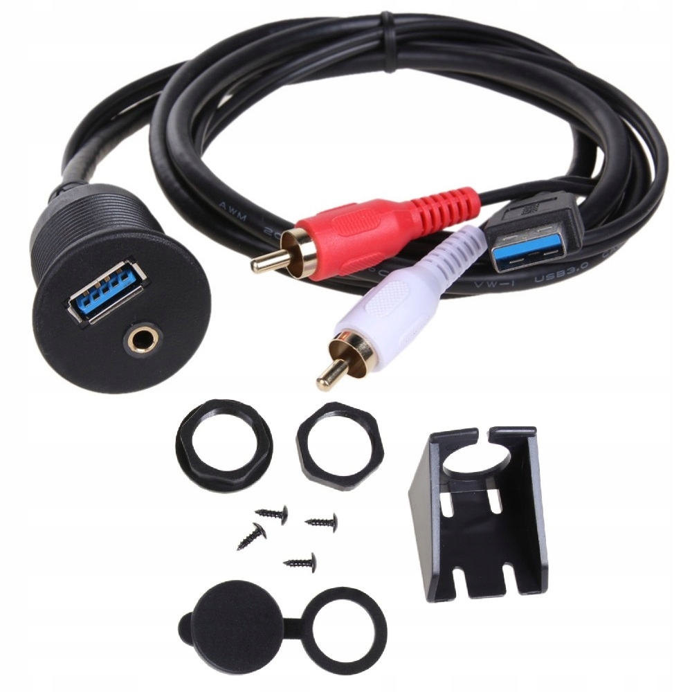 Przedłużacz 2 m USB 3.0 QC 3.0 AUX MINIJACK RCA CINCH gwint panel montaż