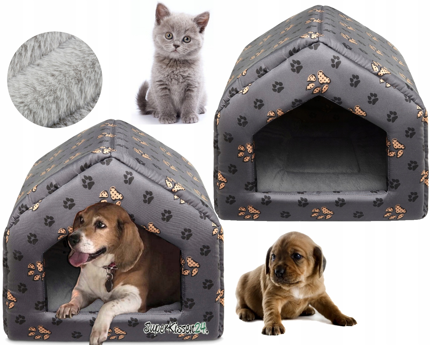 Levně 2x Domeček Pelíšek Pro Psa Kočku L Tlapky Kožešina