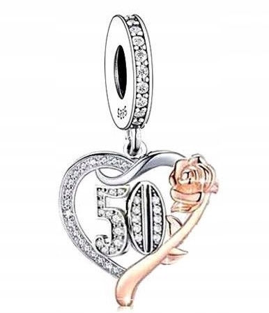 

Charms Srebrny Na 50 Urodziny Serce Róża 925