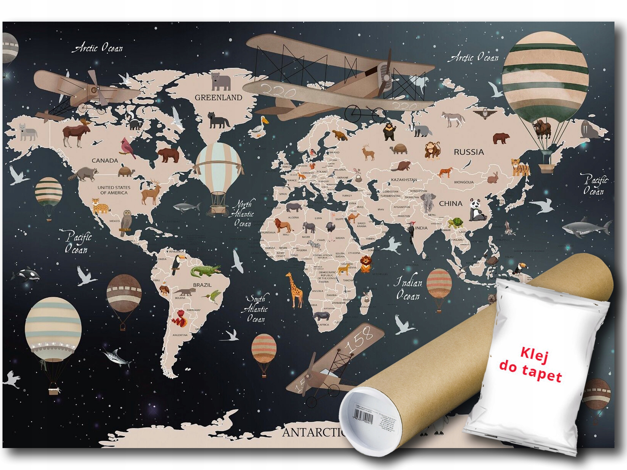 Vinylová Fototapeta Mapa Světa Zvířata 312x219