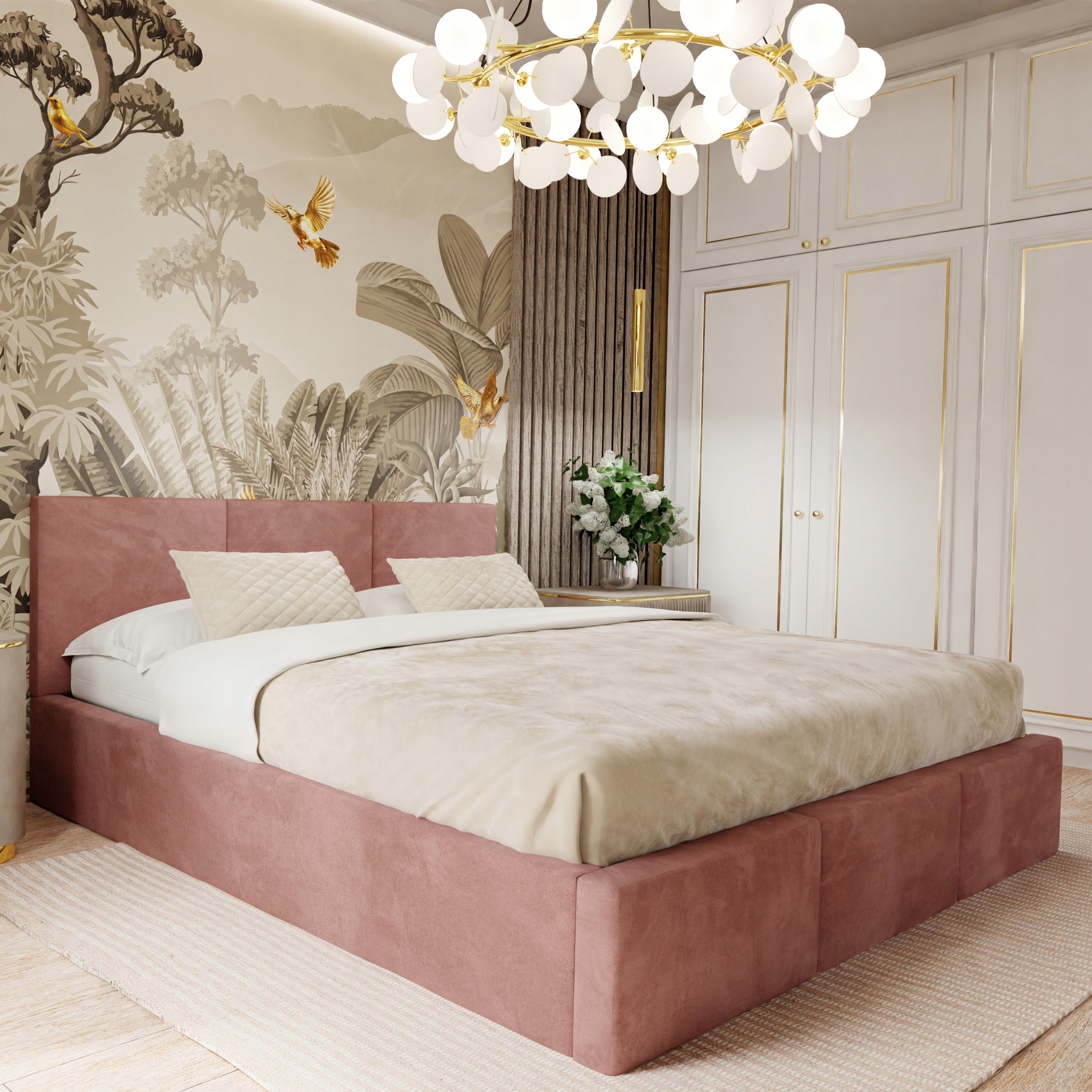 Čalouněná Postel 160x200 Dvoulůžková Postel S Úložným Prostorem Starorůžová