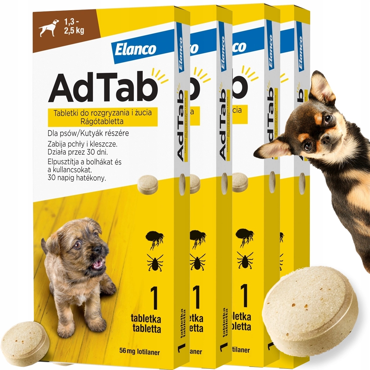 4 x Tabletka Ad tab dla Szczeniaka psa do 2,5 kg Kleszcze Pchły na 120 dni