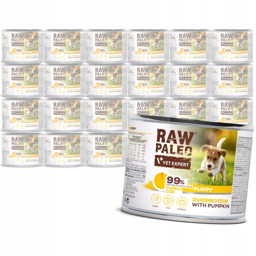 Levně Raw Paleo Puppy Duo 24x200g Vlhké Krmivo pro štěňata Krůta s treskou