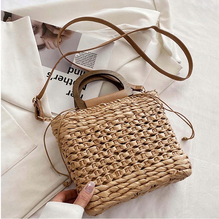 PLECIONA TOREBKA DO RĘKI I NA RAMIĘ DŁUGI PASEK ZAPINANA CIEMNY BEŻ Materiał dominujący inny