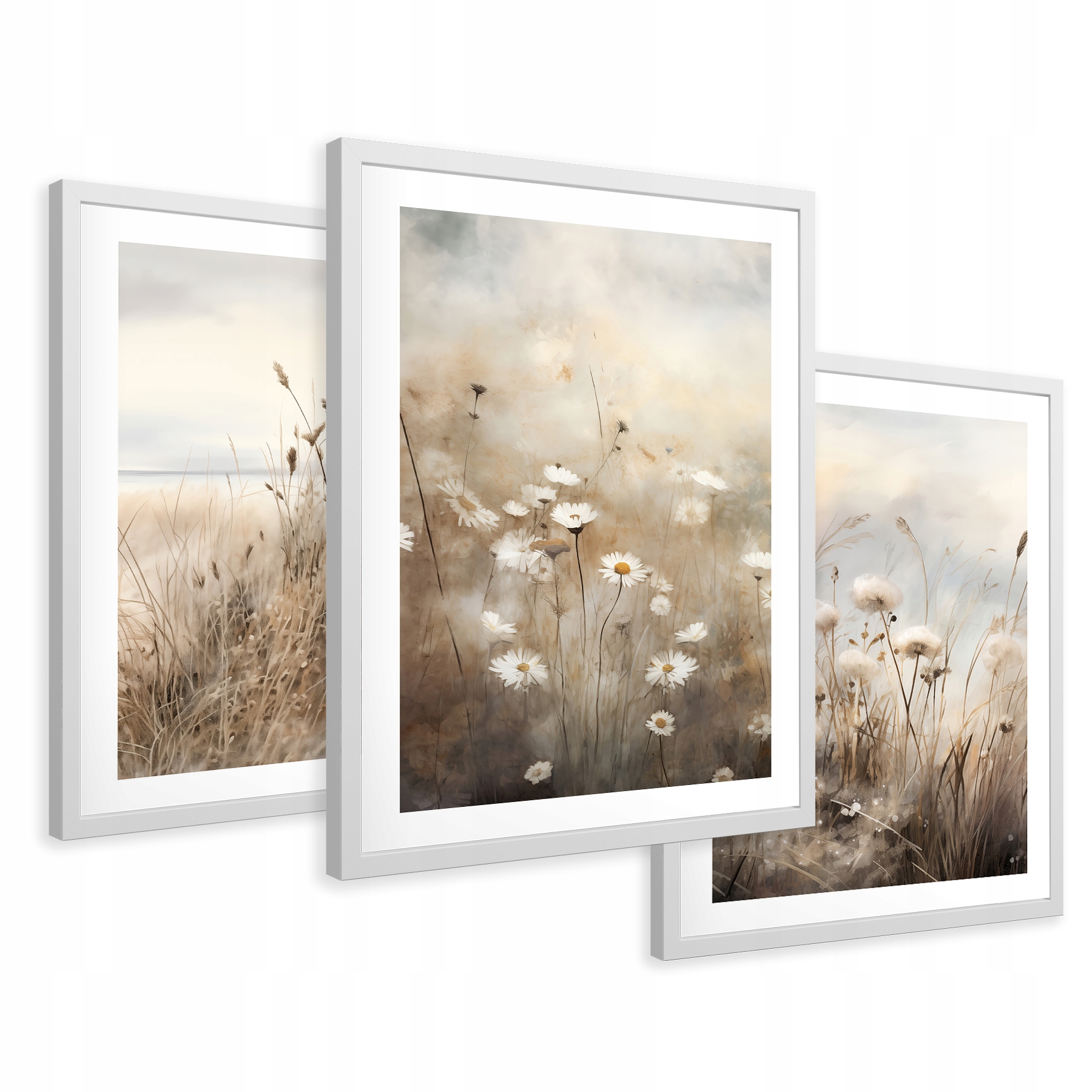 Zestaw Obrazy w ramie plakaty boho pampas sucha trawa kwiaty tryptyk 53x129