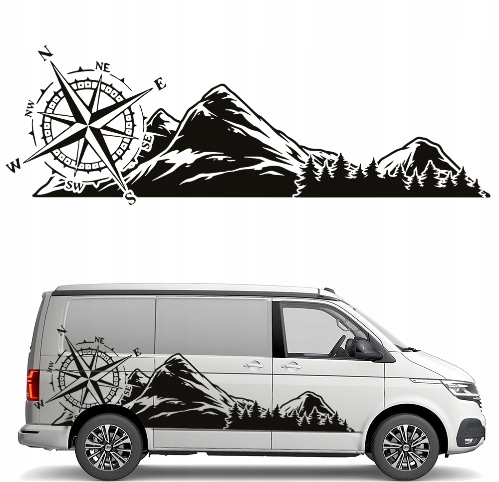 Nalepka Grafika na karavan, auto, príves, Hory Kompas Ruža Vetru 200x66