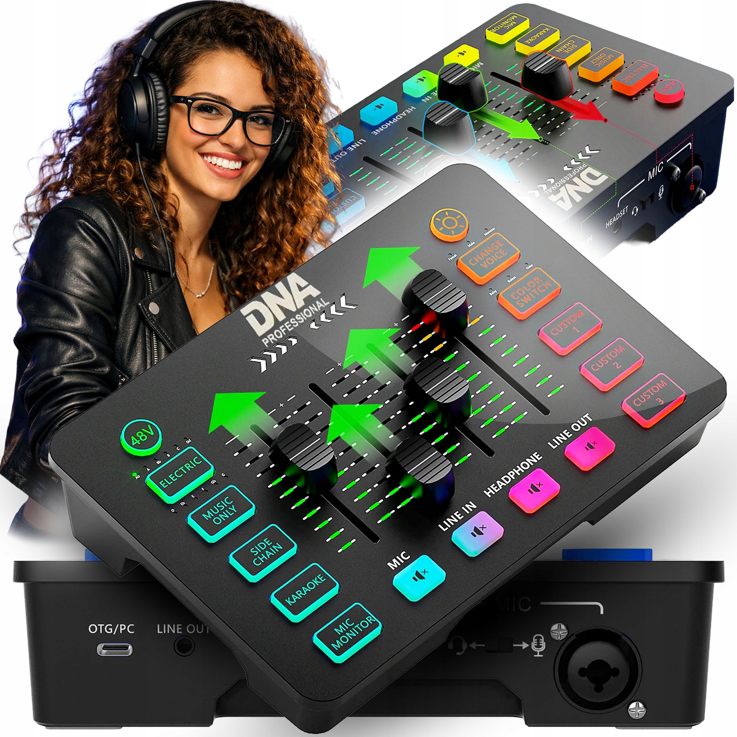 Profesjonalny Mikser Analogowy Audio 2 Kanały Phantom Rgb Pogłos Efekty C