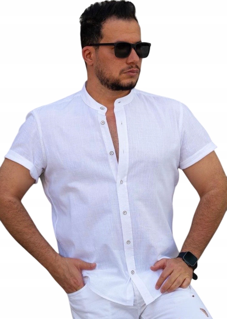 Pánská Lněná Košile Len Stojáček Casual Bílá XXL