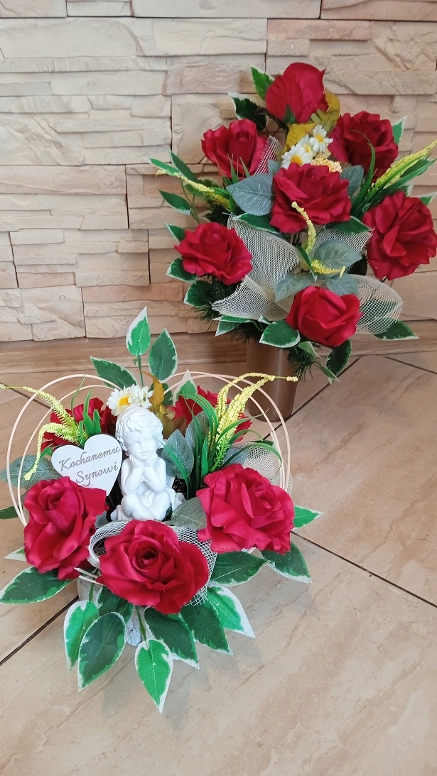 KWIATY na GRÓB ANIOŁ SERCE KOMPLET dla dziecka Wysokość 60 cm