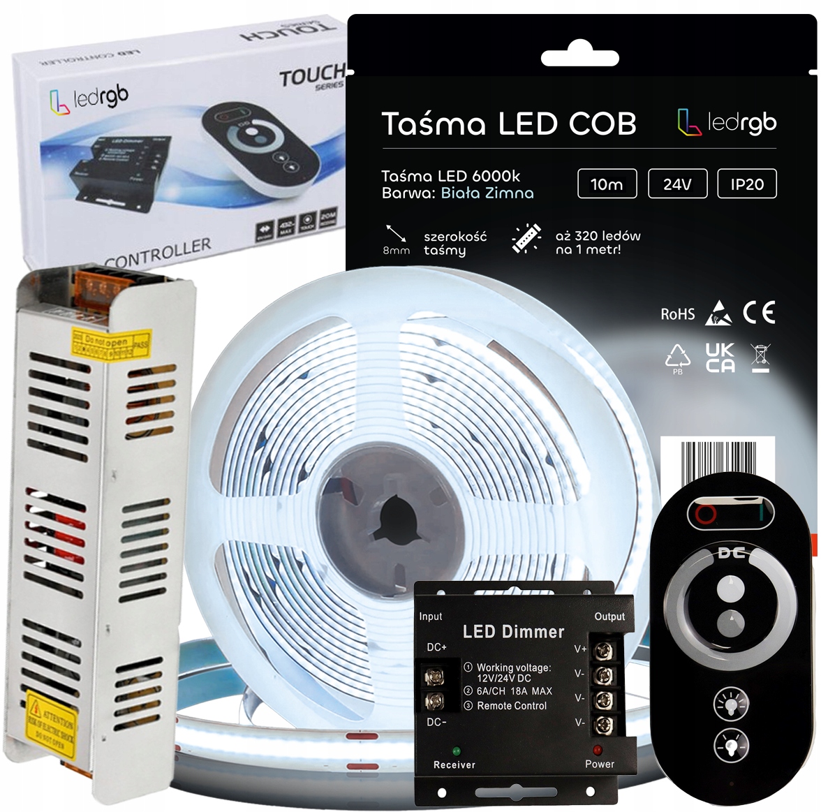 Sada Led pásků Cob 24V 10 m 6000K Bílá Studená Napájecí Zdroj Dálkový Ovladač Radiový Ster