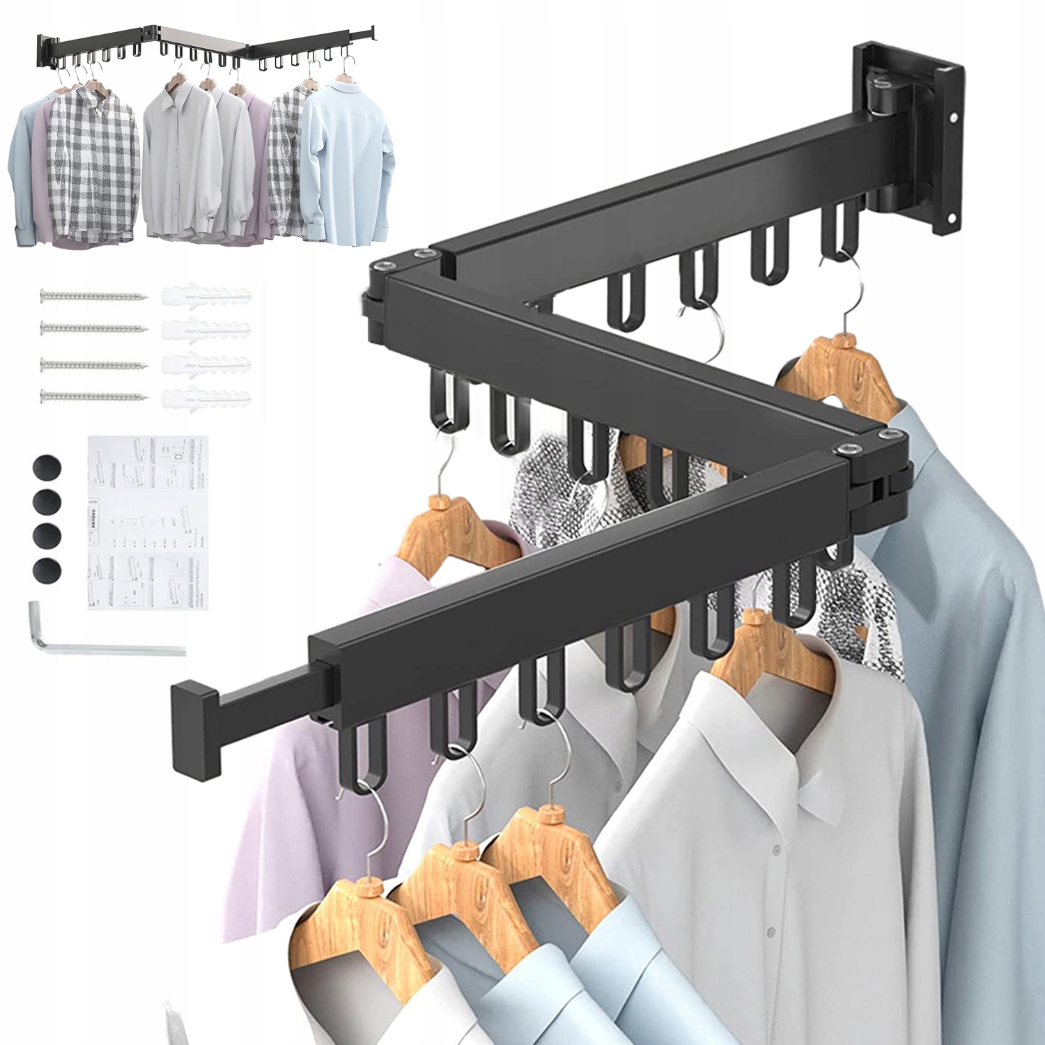 Levně Věšák Na Oblečení, Montážní Tyč Na Stěnu, Skládací, 18 Háčků, Černá, 120 CM