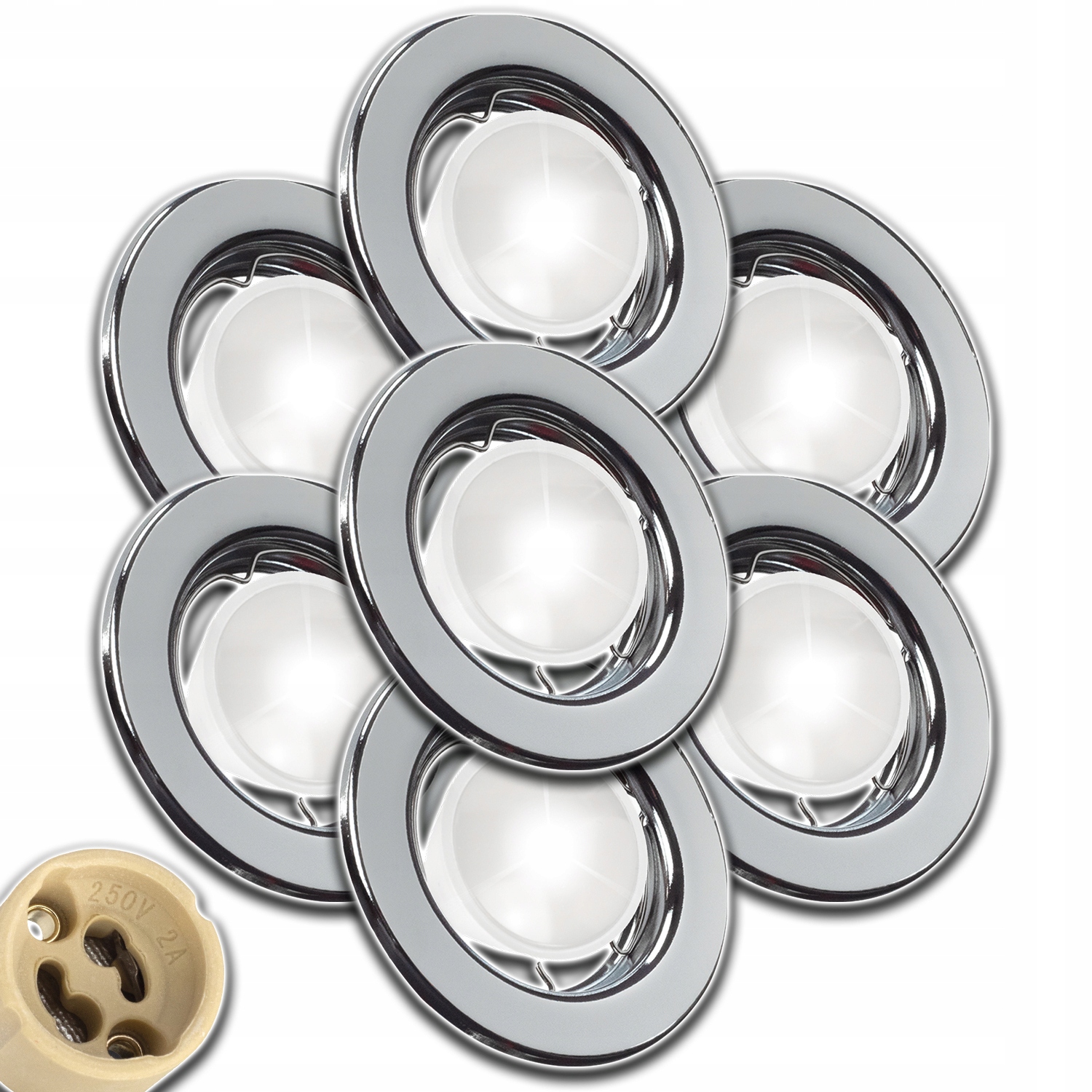 7xCHROMOVANÁ Kruhová Stropní Objímka Halogen+zásuvka Konektor GU10 Na Žárovku